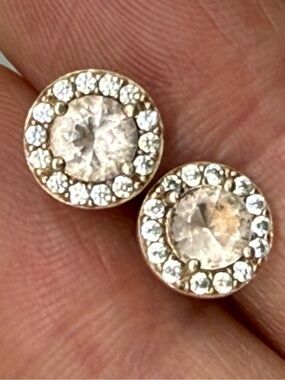 Rose Gold Crystal Halo Stud Earrings - Subtle Pink Center